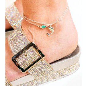 Anklet. Silver & Opal Dolphin, Turquoise Stone, Silver Double Chain.